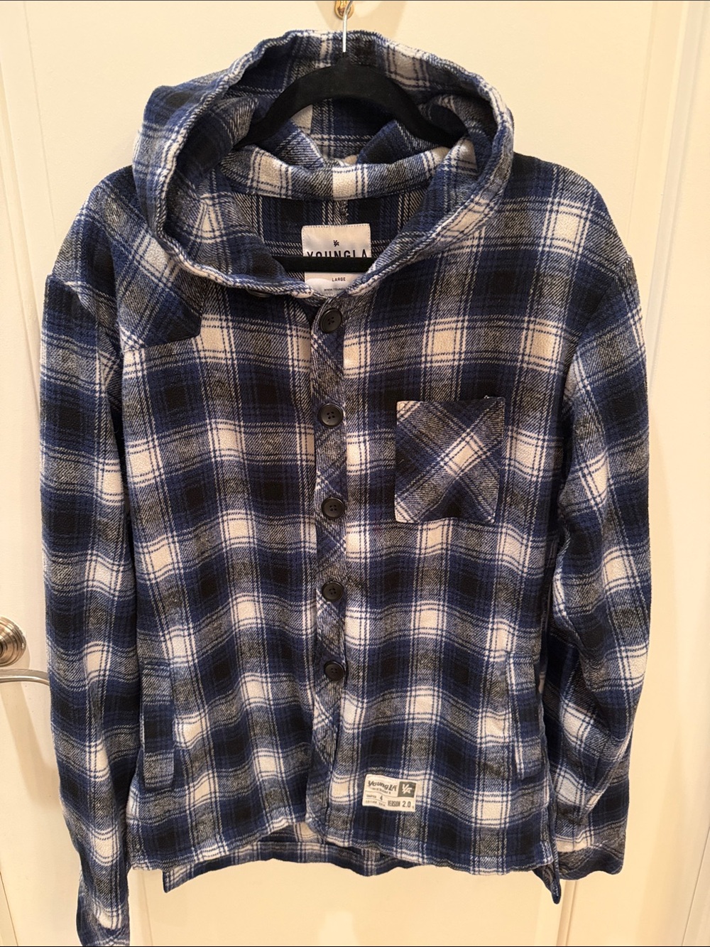 YoungLA Navy and White Plaid Hooded Flannel Shacket